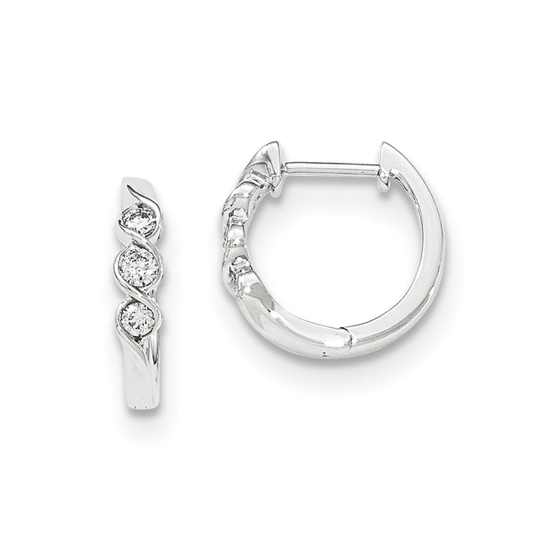 14K White Gold Polished Real Diamond Hinged Hoop Earrings