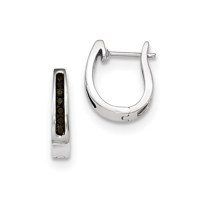 14K White Gold Black Real Diamond 3mm Hinged Hoop Earrings