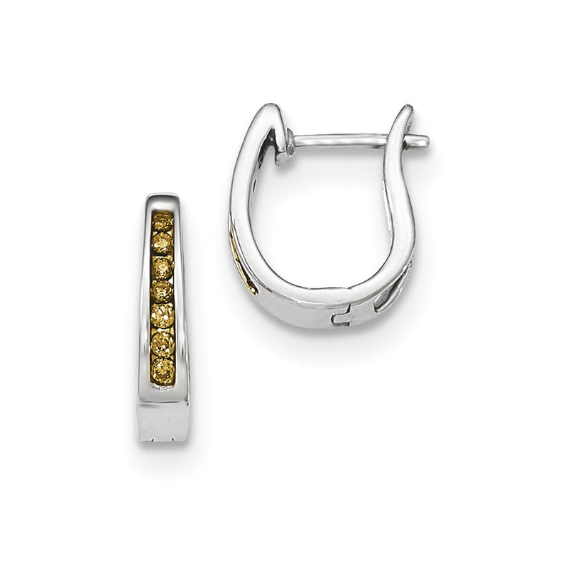 14K White Gold Champagne Real Diamond 3mm Hinged Hoop Earrings
