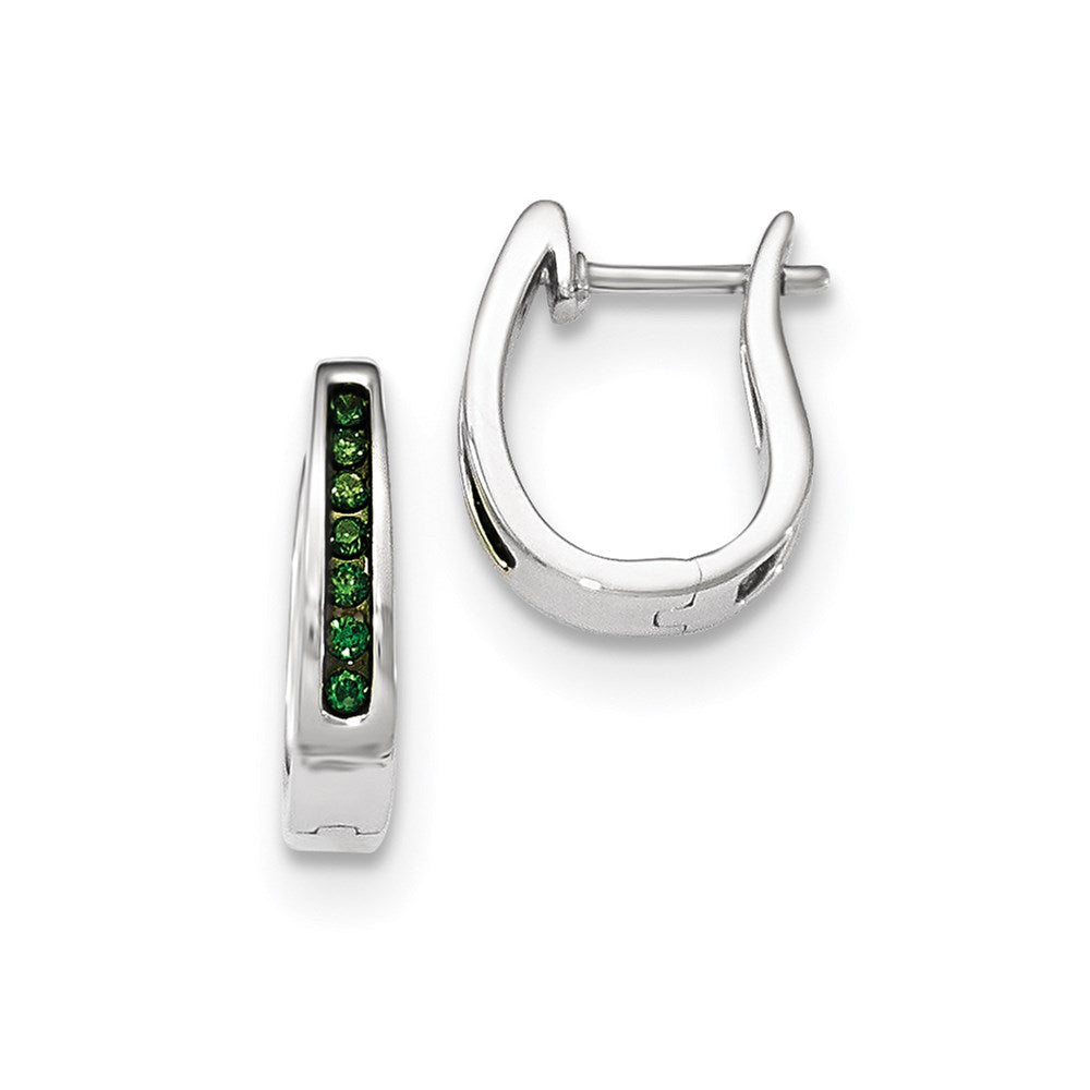 14K White Gold Green Real Diamond 3mm Hinged Hoop Earrings