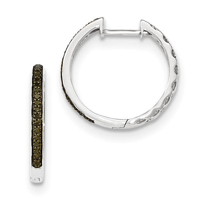 14K White Gold Black Real Diamond 2mm Hinged Hoop Earrings