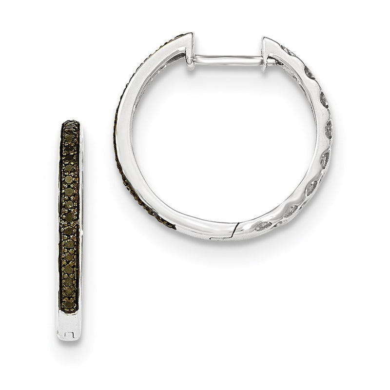 14K White Gold Black Real Diamond 2mm Hinged Hoop Earrings