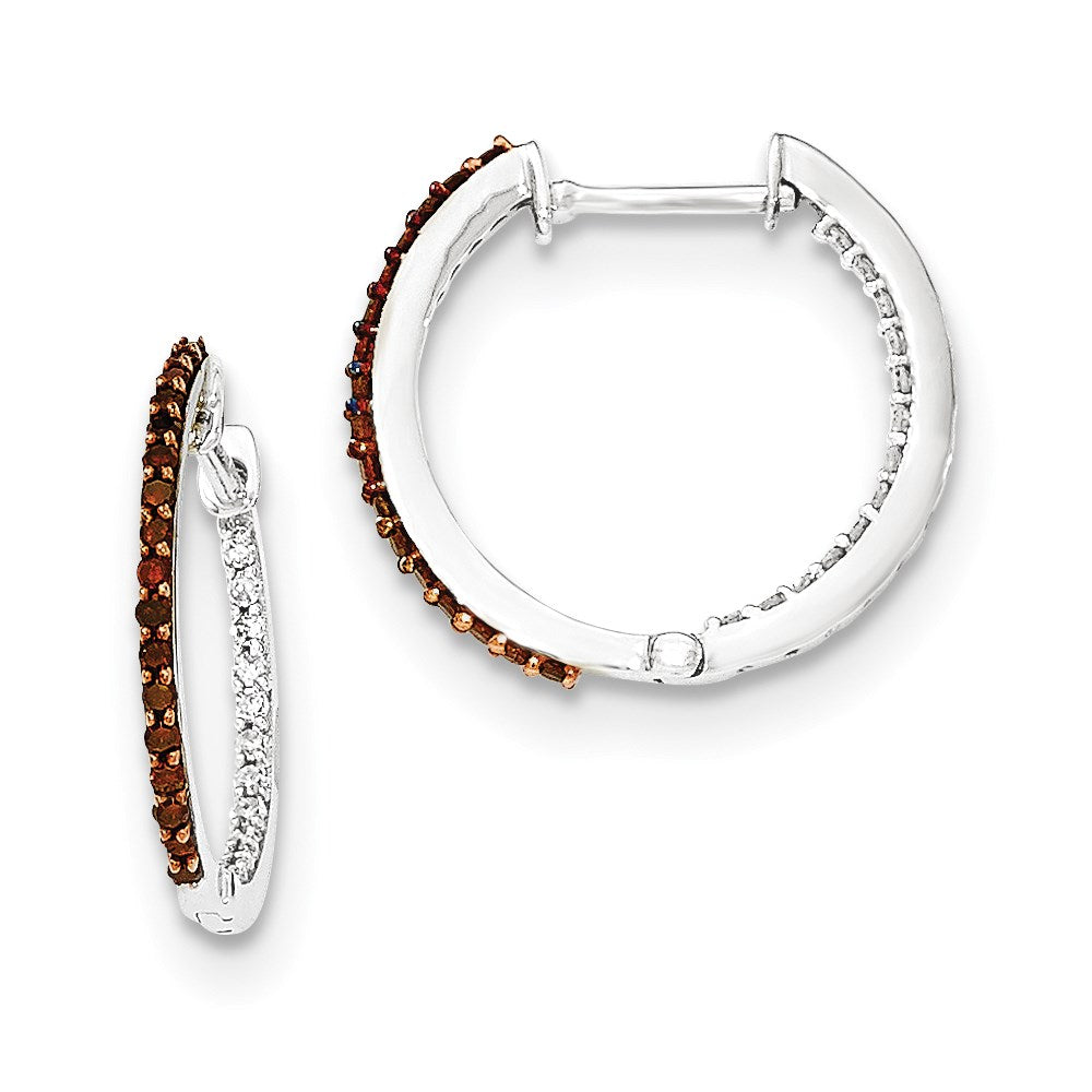 14k White Gold Red/White In & Out Diamond 1.2mm Hinged Hoops