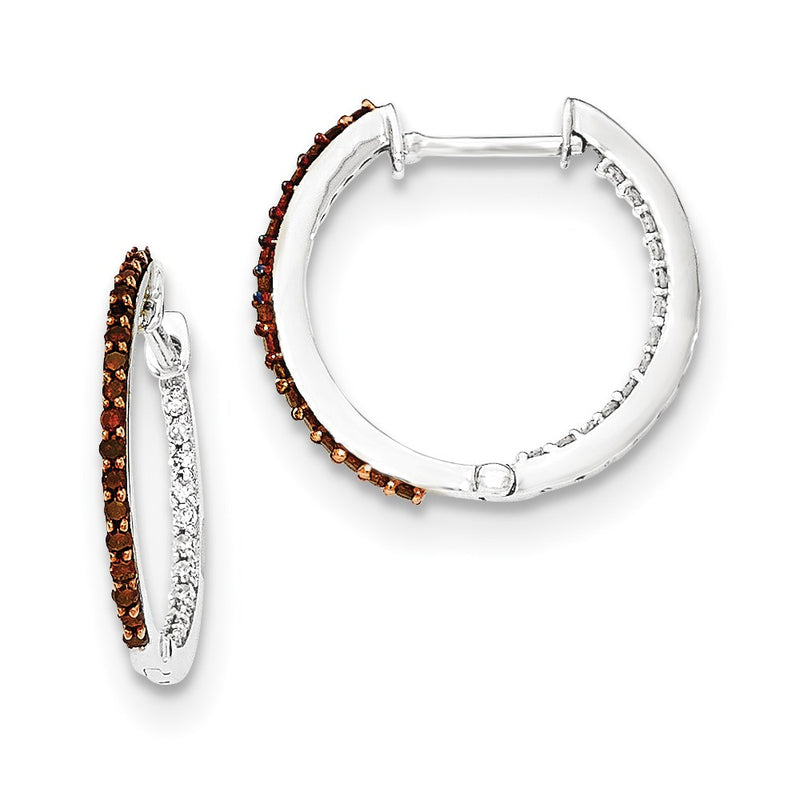 14k White Gold Red/White In & Out Diamond 1.2mm Hinged Hoops