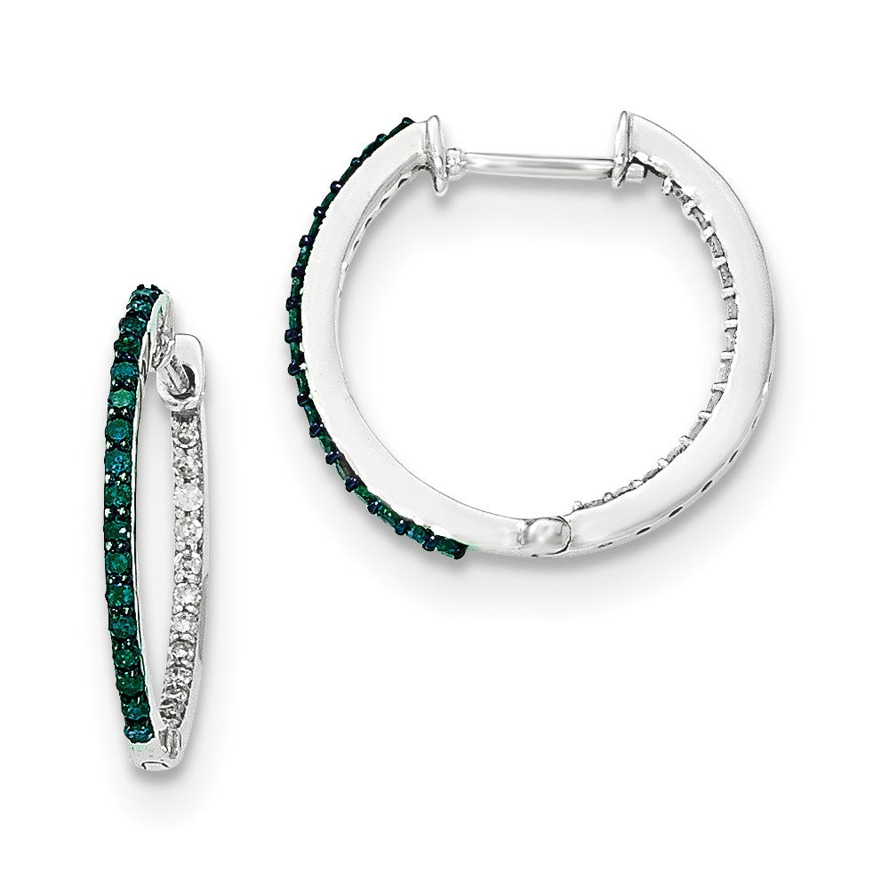 14k White Gold Blue/White In & Out Diamond 1.2mm Hinged Hoops