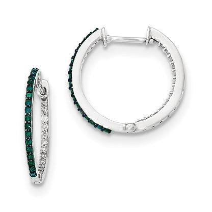 14k White Gold Blue/White In & Out Diamond 1.2mm Hinged Hoops