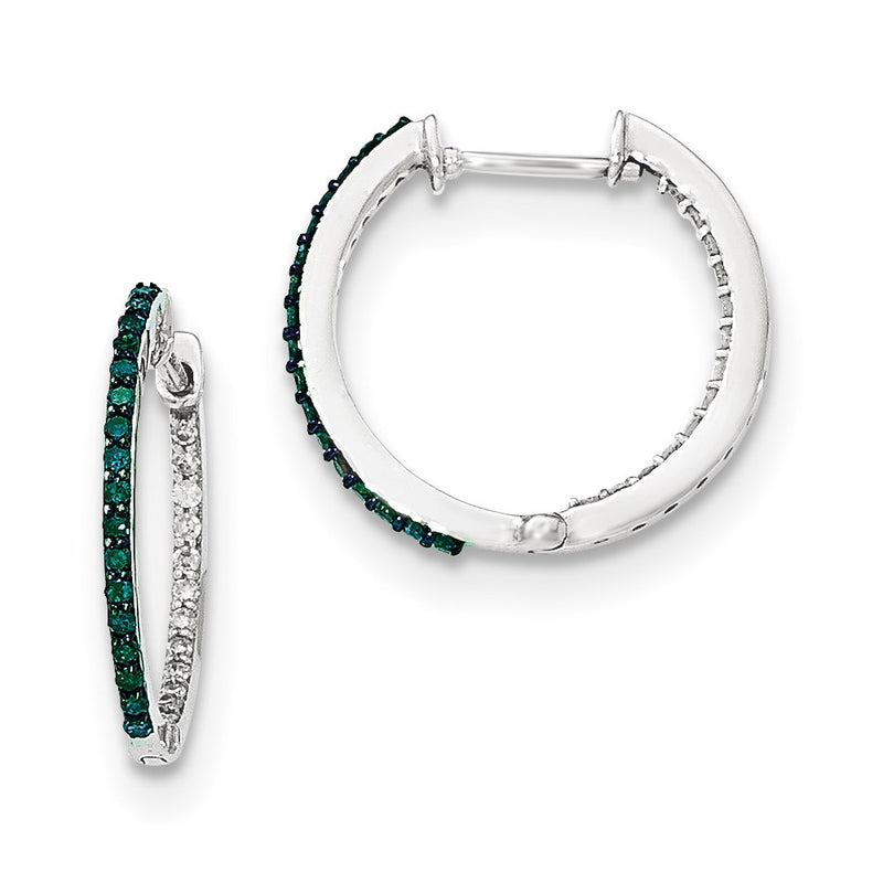 14k White Gold Blue/White In & Out Diamond 1.2mm Hinged Hoops
