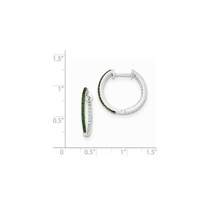 14k White Gold Green/White In & Out Diamond 1.2mm Hinged Hoops