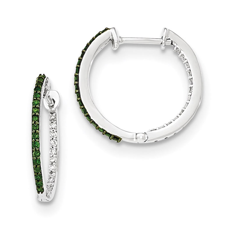 14k White Gold Green/White In & Out Diamond 1.2mm Hinged Hoops