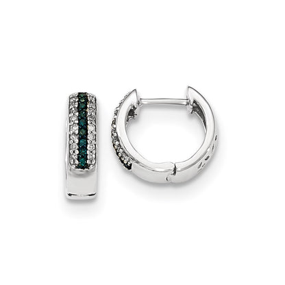 14k White Gold Blue and White Real Diamond Hinged Hoop Earrings