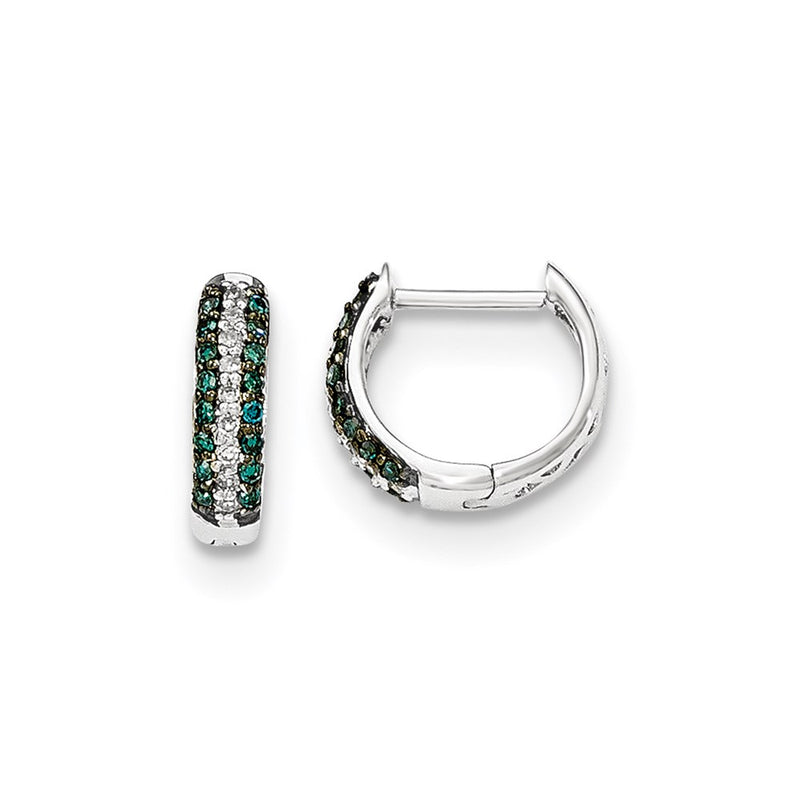 14k White Gold Blue and White Real Diamond Hinged Hoop Earrings