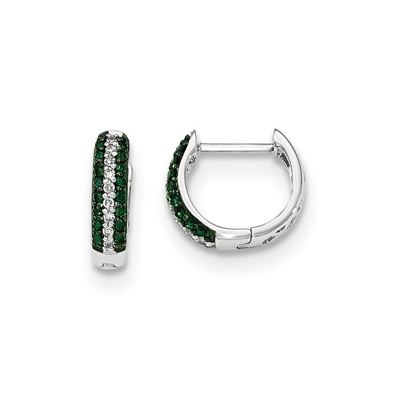 14k White Gold Green and White Real Diamond Hinged Hoop Earrings