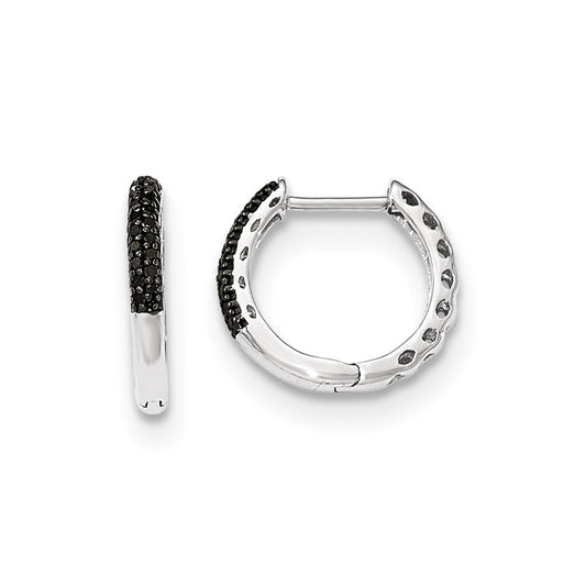 14K White Gold Black Real Diamond 2mm Hinged Hoop Earrings