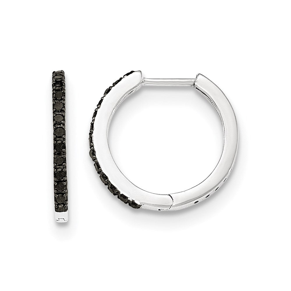 14K White Gold Black Real Diamond 1.5mm Hinged Hoop Earrings
