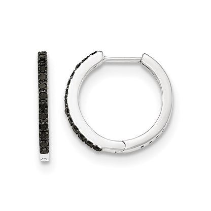 14K White Gold Black Real Diamond 1.5mm Hinged Hoop Earrings