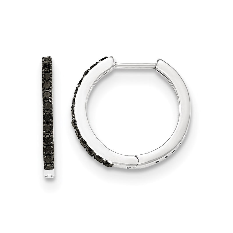 14K White Gold Black Real Diamond 1.5mm Hinged Hoop Earrings