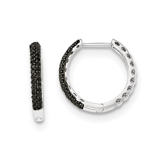 14K White Gold Black Real Diamond 2mm Hinged Hoop Earrings