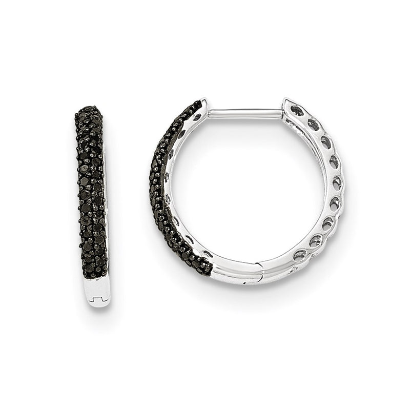 14K White Gold Black Real Diamond 2mm Hinged Hoop Earrings