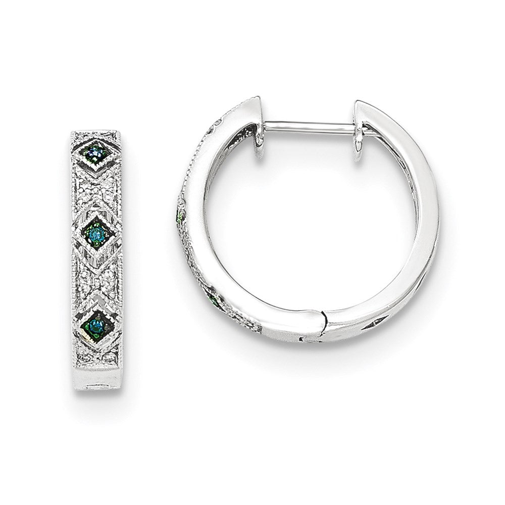 14K White Gold Blue/White Real Diamond Hinged Hoop Earrings