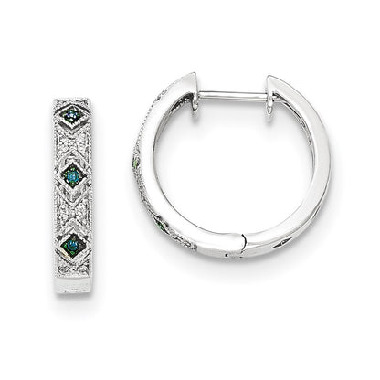 14K White Gold Blue/White Real Diamond Hinged Hoop Earrings