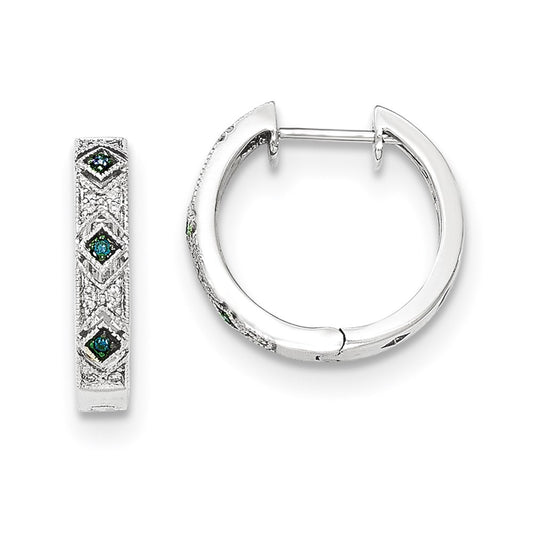 14K White Gold Blue/White Real Diamond Hinged Hoop Earrings