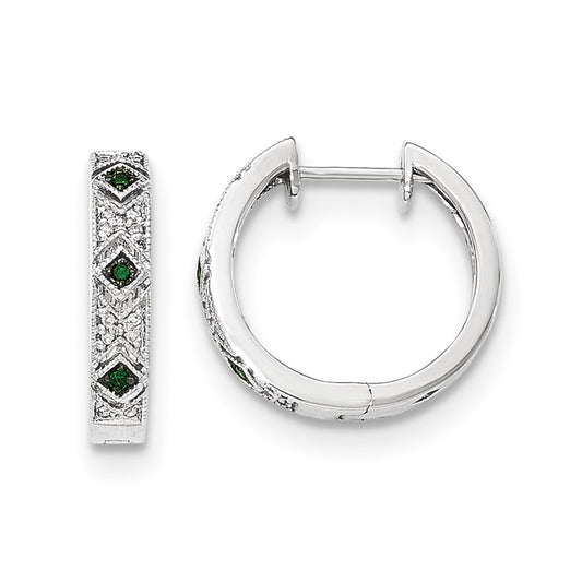 14K White Gold Green/White Real Diamond Hinged Hoop Earrings