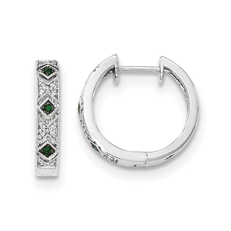 14K White Gold Green/White Real Diamond Hinged Hoop Earrings