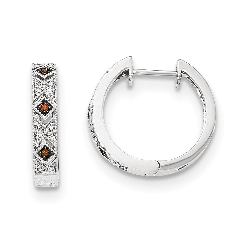 14K White Gold Red/White Real Diamond Hinged Hoop Earrings