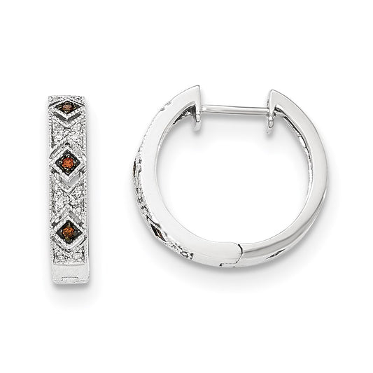14K White Gold Red/White Real Diamond Hinged Hoop Earrings