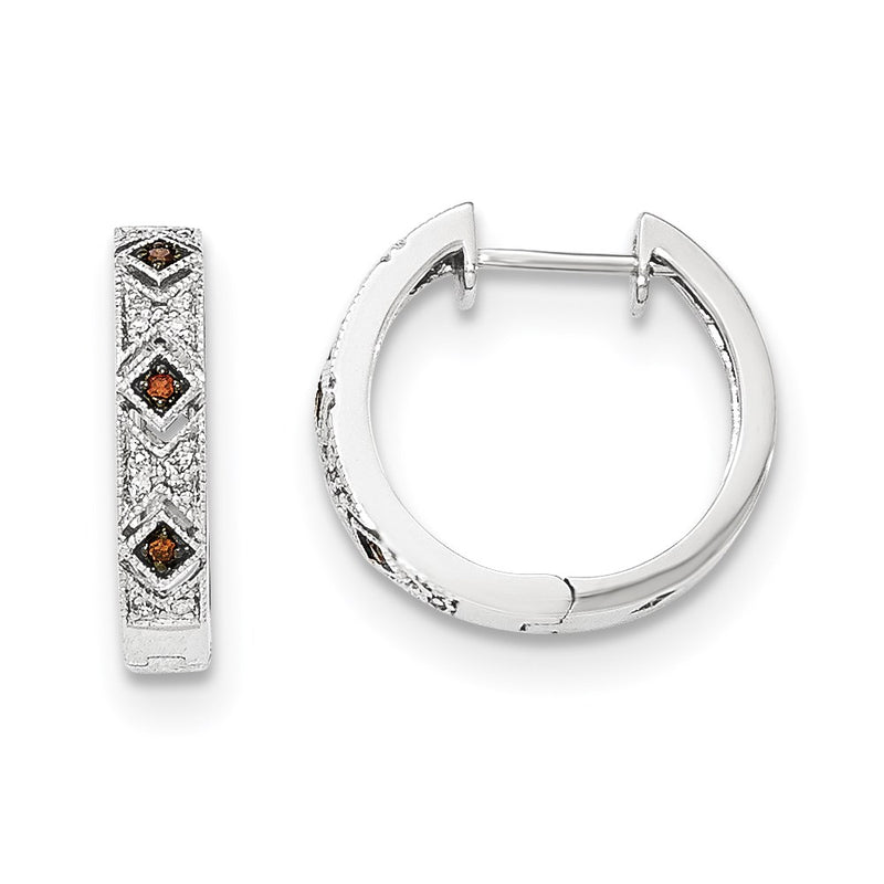 14K White Gold Red/White Real Diamond Hinged Hoop Earrings