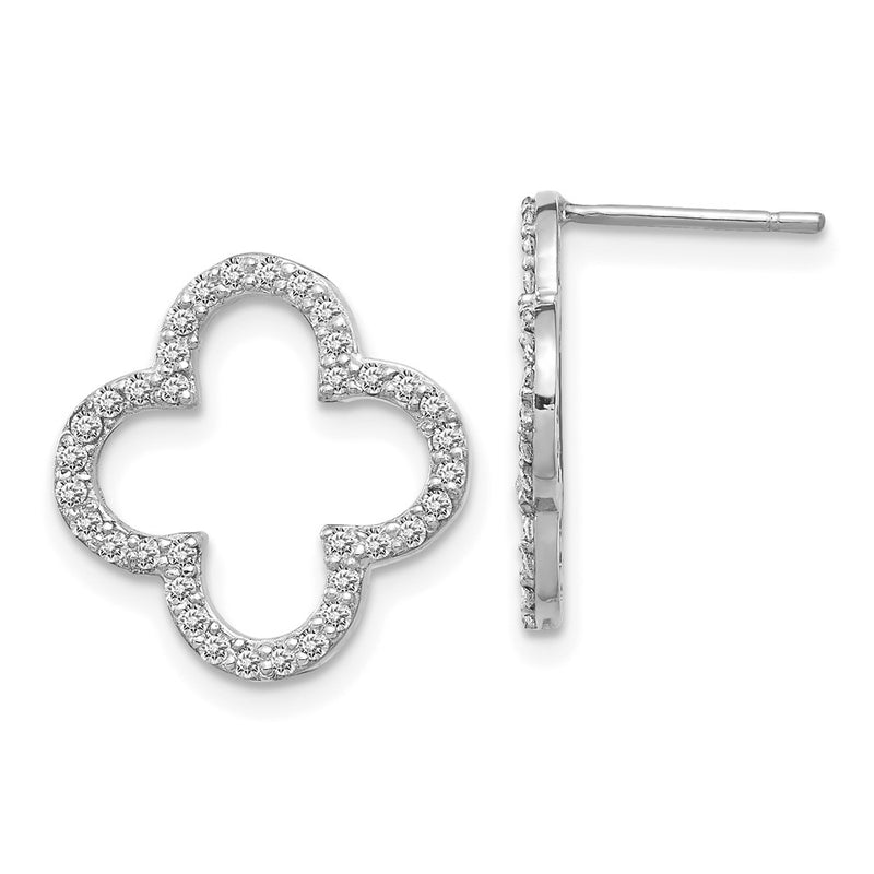 14k White Gold Real Diamond Quatrefoil Design Post Earrings