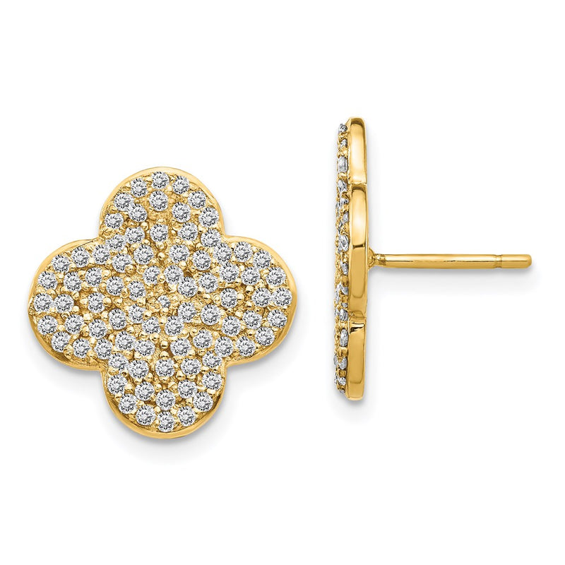 14k Yellow Gold Real Diamond Quatrefoil Design Post Earrings XE3079A