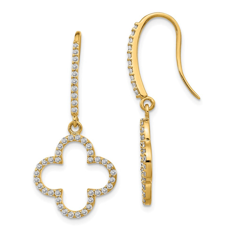 14k Yellow Gold Real Diamond Quatrefoil Design Dangle Earrings XE3080AAA