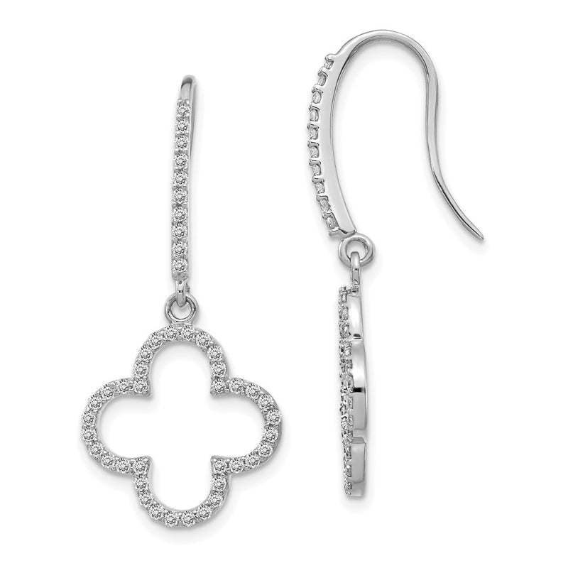 14k White Gold Real Diamond Quatrefoil Design Dangle Earrings
