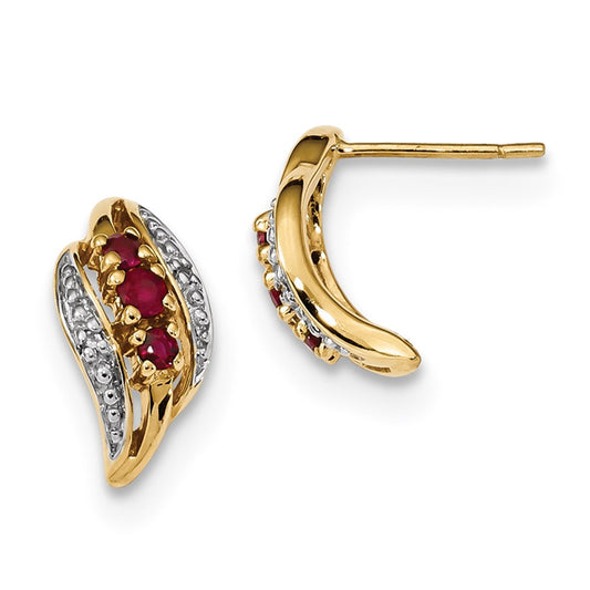 14k Yellow Gold w/ Siam Ruby & Real Diamond Polished Post Earrings