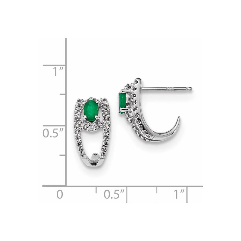 14k White Gold Real Diamond and Emerald Polished J Hoop Earrings