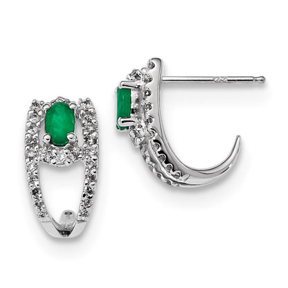 14k White Gold Real Diamond and Emerald Polished J Hoop Earrings