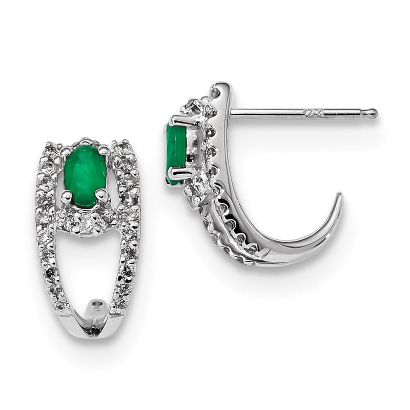 14k White Gold Real Diamond and Emerald Polished J Hoop Earrings