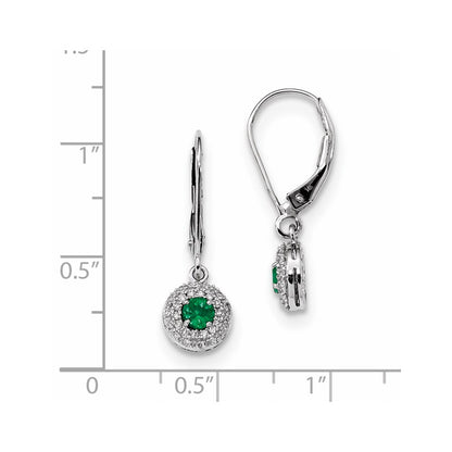 14k White Gold Real Diamond Halo Emerald Leverback Dangle Earrings