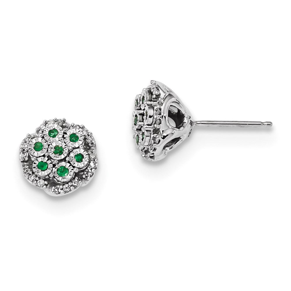 14k White Gold Real Diamond & Emerald Post Earrings