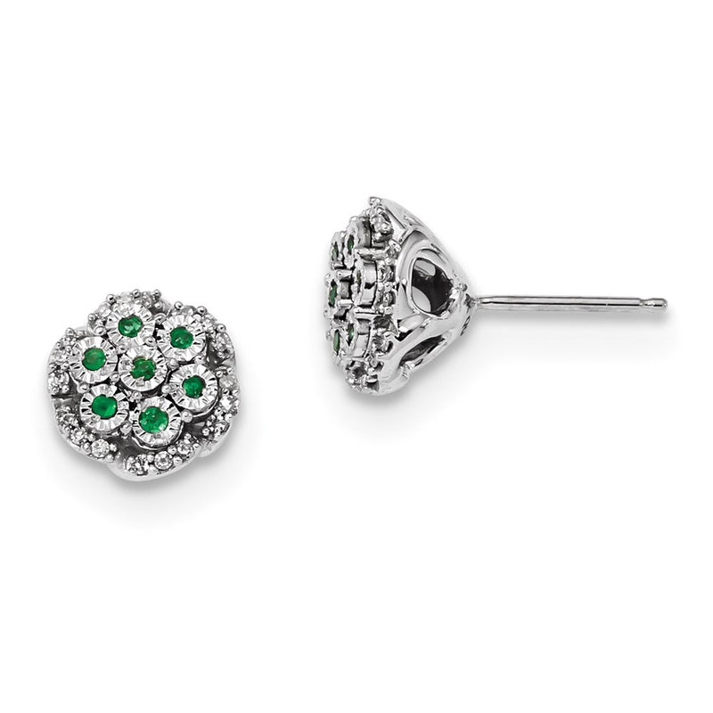 14k White Gold Real Diamond & Emerald Post Earrings
