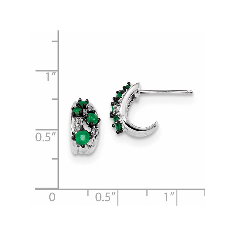 14k White Gold Real Diamond and Emerald Polished Post Hoop Earrings