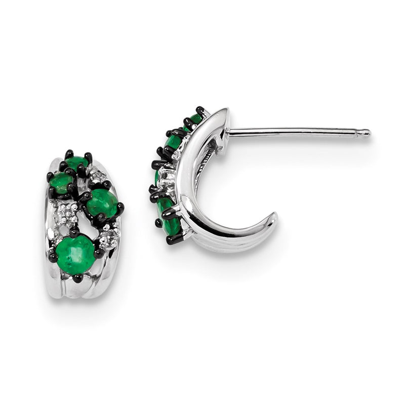 14k White Gold Real Diamond and Emerald Polished Post Hoop Earrings