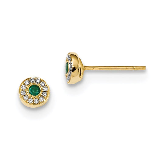 14k Yellow Gold Real Diamond and Emerald Post Earrings