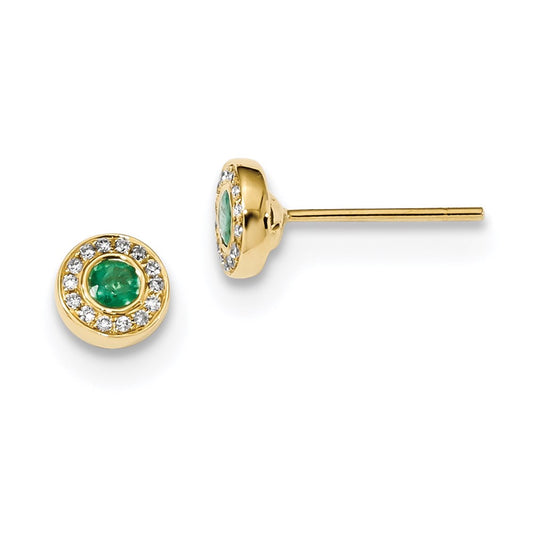 14k Yellow Gold Real Diamond and Emerald Post Earrings