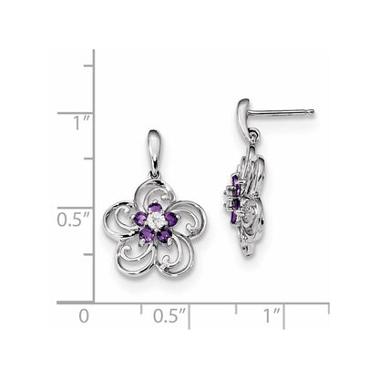 14k White Gold Real Diamond & Amethyst Flower Dangle Post Earrings