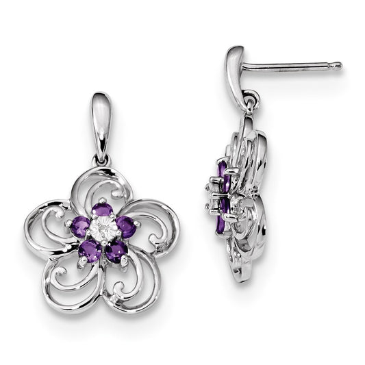 14k White Gold Real Diamond & Amethyst Flower Dangle Post Earrings