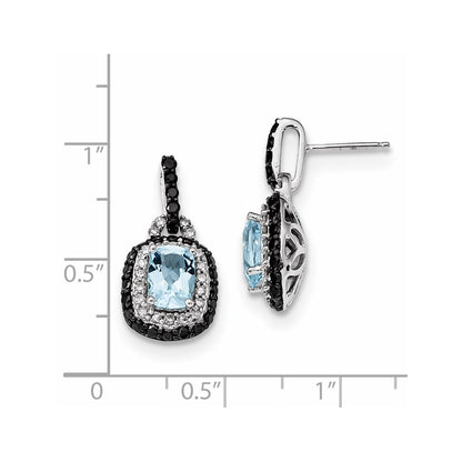 14k White Gold White & Black Real Diamond Blue Topaz Post Earrings