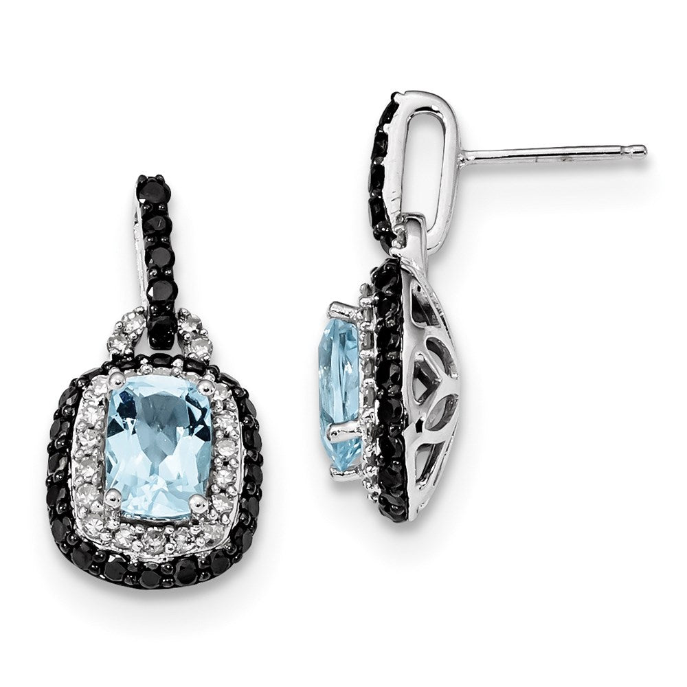 14k White Gold White & Black Real Diamond Blue Topaz Post Earrings