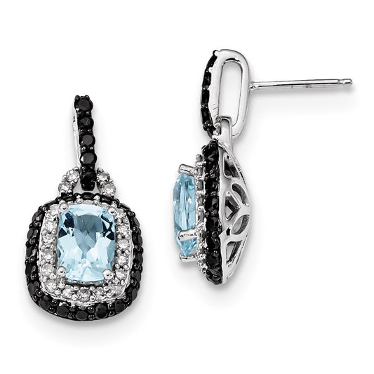 14k White Gold White & Black Real Diamond Blue Topaz Post Earrings